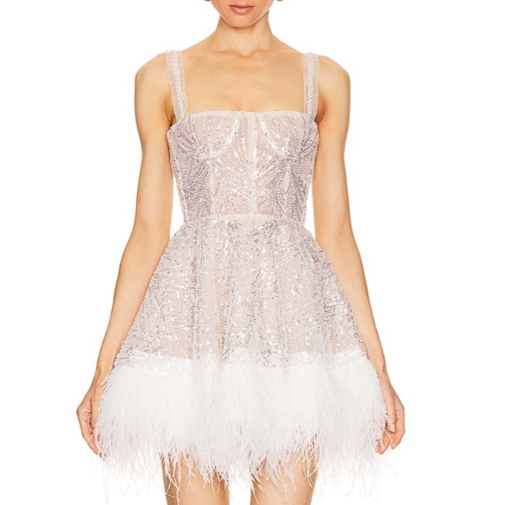 Bronx and Banco Mademoiselle white sequin Feather mini dress XS. New w tags